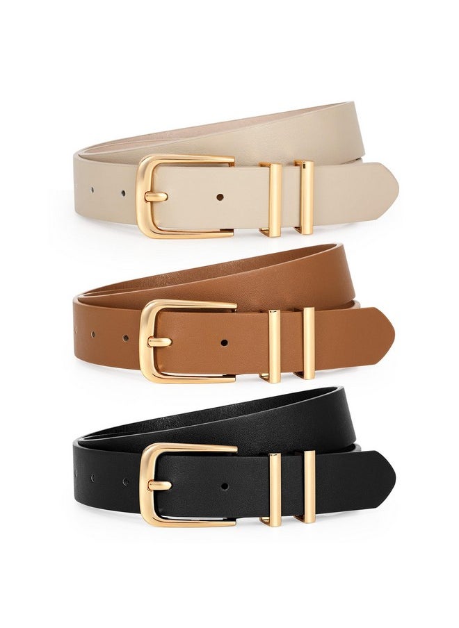 3 Pack Women'S Leather Belts For Jeans Dresses Fashion Ladies Gold Buckle Leather Belts, Black/Brown/Beige