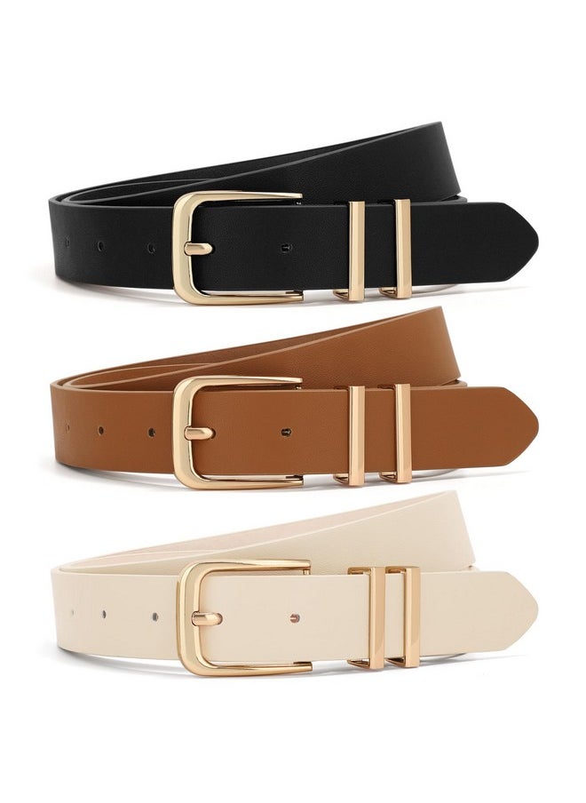 3 Pack Women Belts For Jeans Dresses Pants Ladies Leather Waist Belt With Gold Buckle