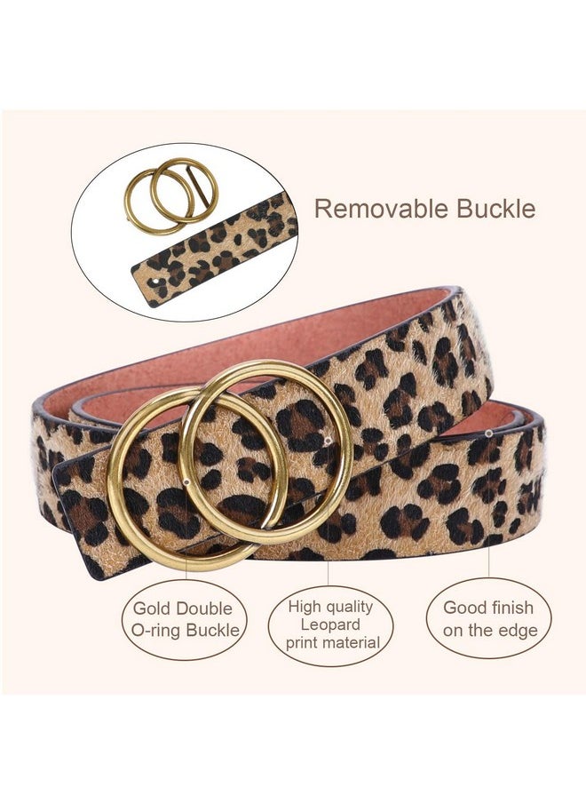 Women'S Leopard Print Leather Belt For Jeans Dresses Fashion Waist Belt With Gold Double Ring Buckle