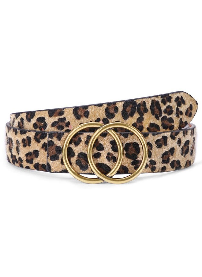 Women'S Leopard Print Leather Belt For Jeans Dresses Fashion Waist Belt With Gold Double Ring Buckle