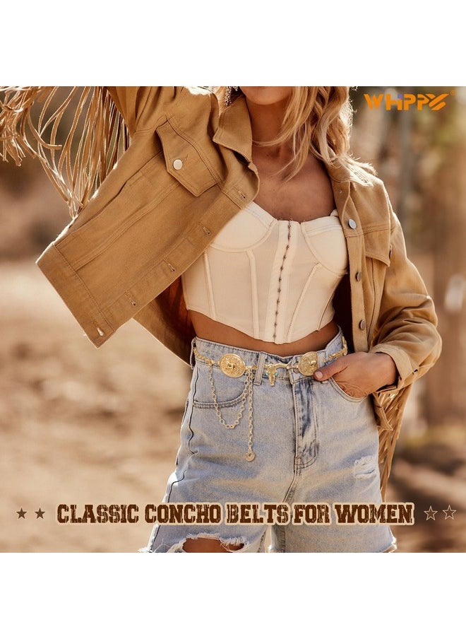 Women Concho Chain Belt Boho Chain Belt For Dresses Jeans Western Cowgirl Waist Belt Metal Concho Belt, Gold, Bull Head Chain, S