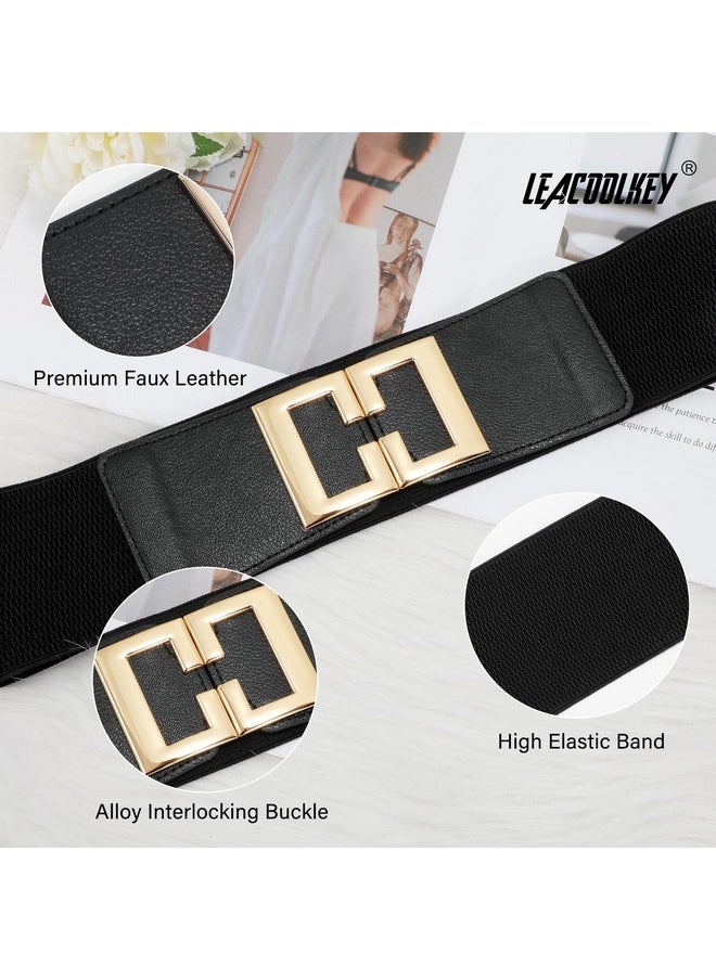 Women'S Elastic Wide Belt Gold Buckle Stretchy Waist Cinch Belt For Dresses Black