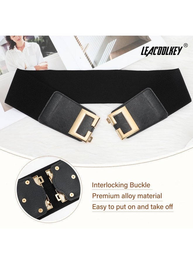 Women'S Elastic Wide Belt Gold Buckle Stretchy Waist Cinch Belt For Dresses Black