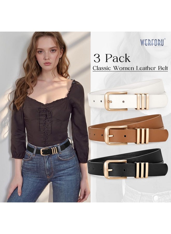 3 Pack Women’ Leather Belt With Square Gold Buckle Fashion Ladies Leather Waist Belt For Jeans Dress