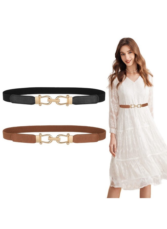 Women Skinny Elastic Belt For Dresses,Thin Retro Stretch Waist Belt With Golden Buckle 2 Pack,Black+Brown,Fit Waist Size 26-30 Inch