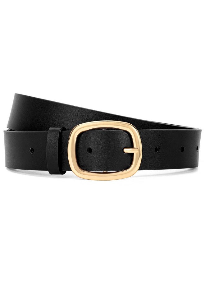 Women Leather Belt Casual Fashion Gold Buckle Leather Waist Belt For Jeans Pants Dresses Chic Ladies Belt, Black, M