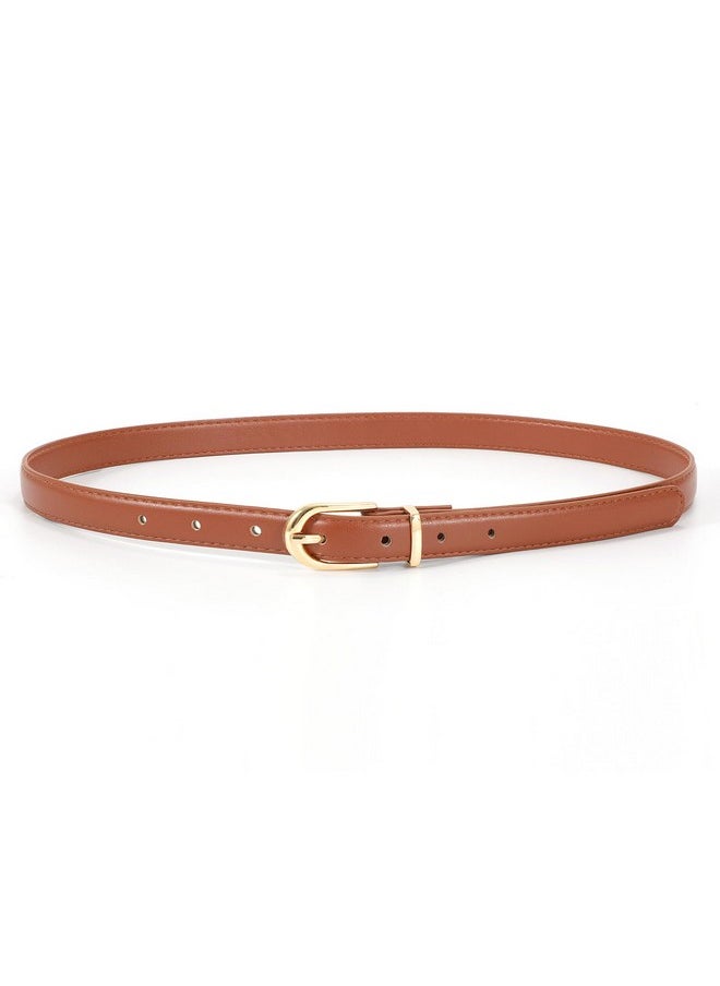 Womens Thin Leather Belt Skinny Faux Leather Belt For Jeans Dress With Gold Alloy Buckle,Brown/Fit Waist Size 26-31 Inch