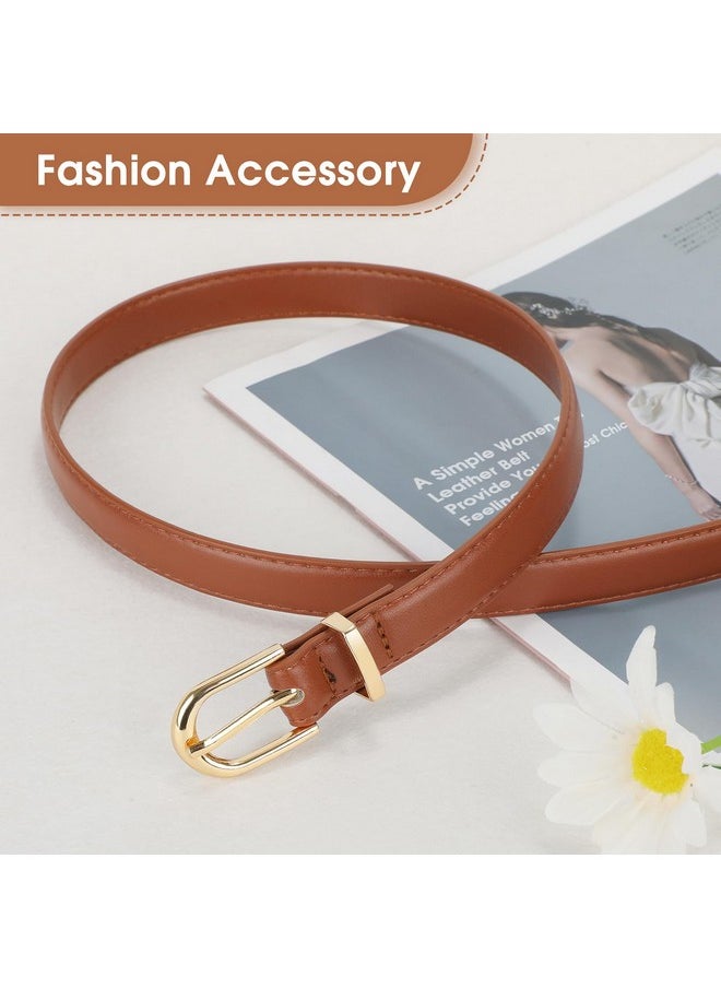 Womens Thin Leather Belt Skinny Faux Leather Belt For Jeans Dress With Gold Alloy Buckle,Brown/Fit Waist Size 26-31 Inch