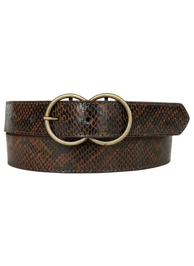 Women Leather Bold Fashion Statement Belts, Snakeskin Double Ring-Brown, M (28-30