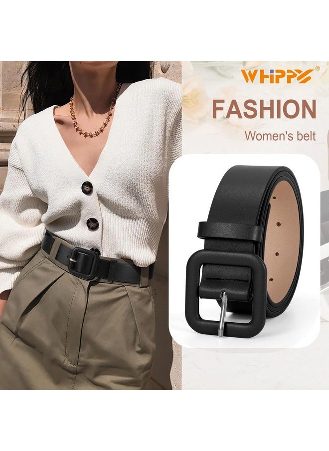 Women Leather Belt Candy Color Fashion Square Buckle Belt Ladies Belt For Jeans Pants Dresses, Black, M