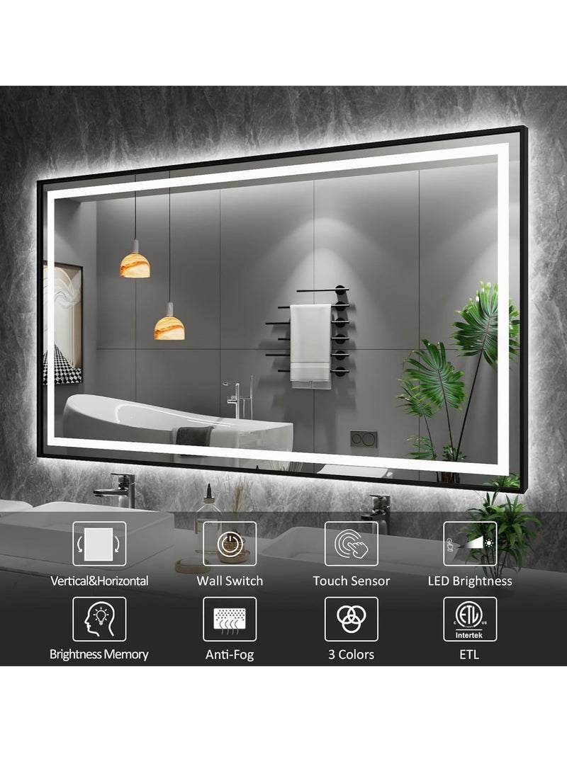 Wall-Mounted LED Vanity Mirror 150x90 cm – Dimmable, Anti-Fog, Black Framed Bathroom Mirror with 3 LED Lights