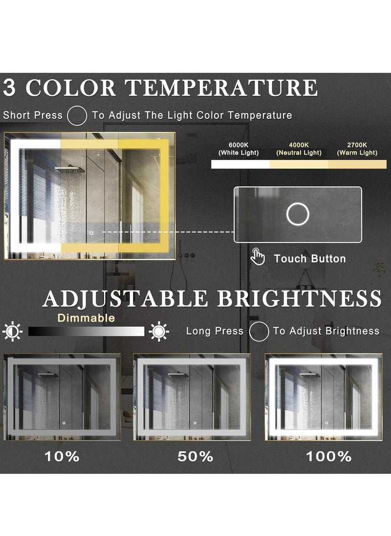 Wall-Mounted LED Bathroom Mirror 150x90 cm – Dimmable, Anti-Fog, 3 LED Lights with Gold Frame