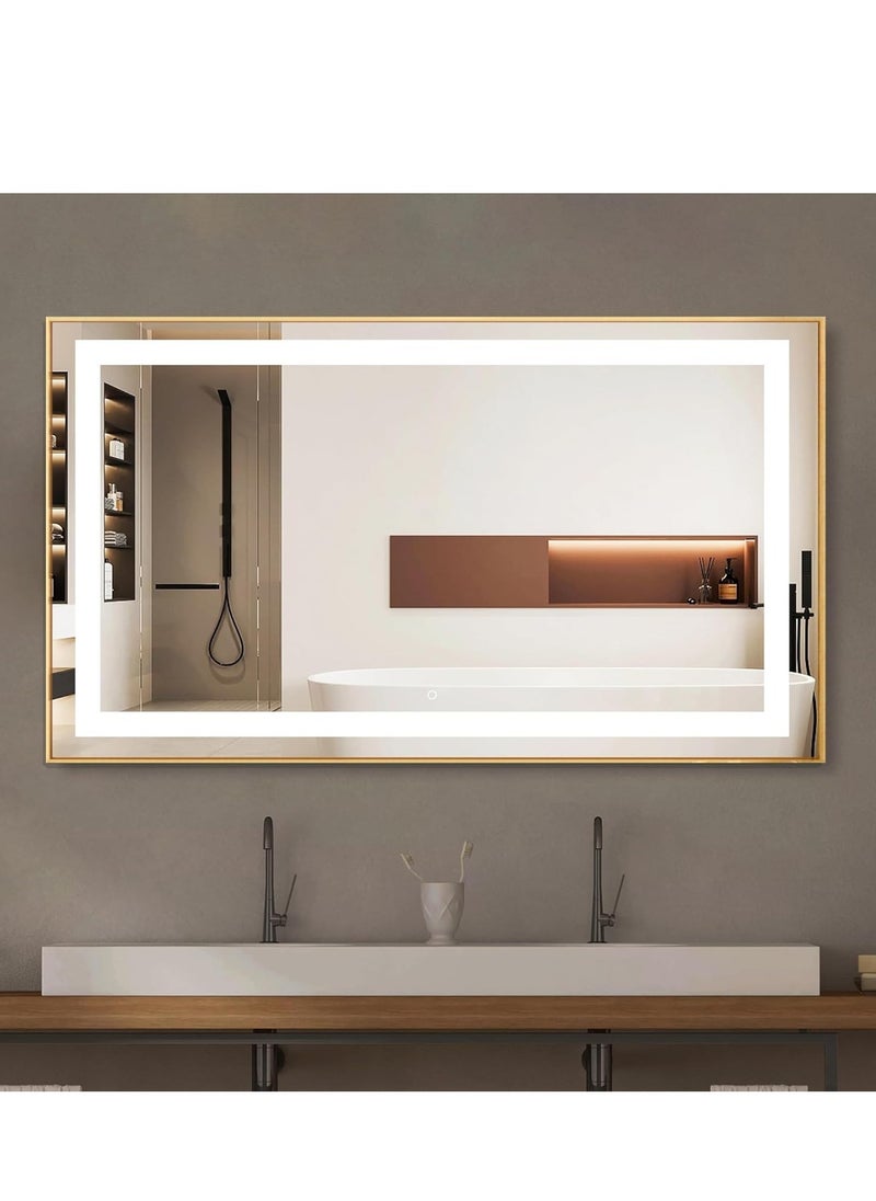 Wall-Mounted LED Bathroom Mirror 150x90 cm – Dimmable, Anti-Fog, 3 LED Lights with Gold Frame