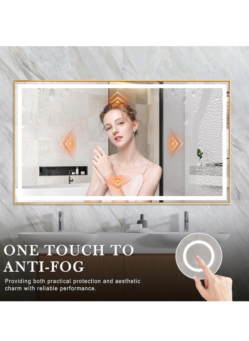 Wall-Mounted LED Bathroom Mirror 150x90 cm – Dimmable, Anti-Fog, 3 LED Lights with Gold Frame