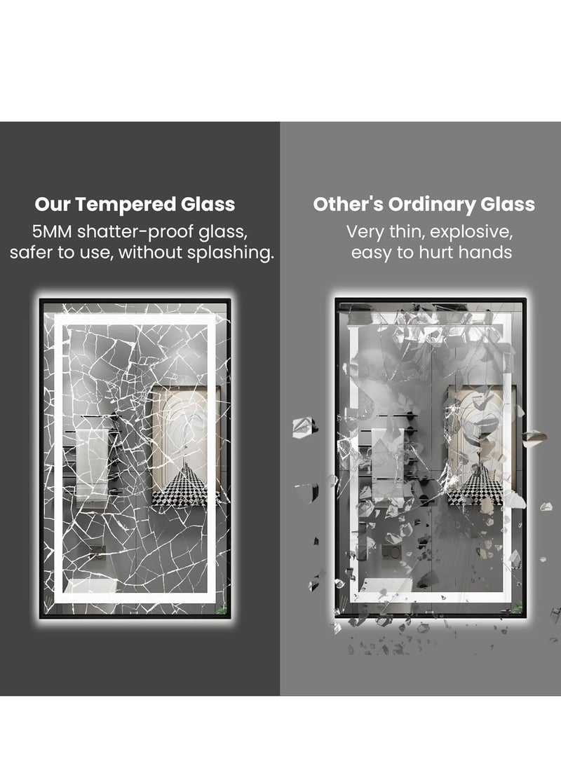 LED Framed Bathroom Mirror, Stylish Dimmable Anti-Fog Lighted Mirror, Large Vertical & Horizontal Wall-Mounted Vanity Mirror, Black Aluminum Frame, 3 Color Temperature Options, Adjustable LED Brightness & Memory, Touch Sensor, Wall Switch, Anti-Fog Technology, 5mm Shatterproof Glass, Front & Back Lighting, Modern Elegant Mirror for Bathroom, Bedroom, Living Room, Home Décor, Contemporary Wall Mirror, 120 x 75 cm