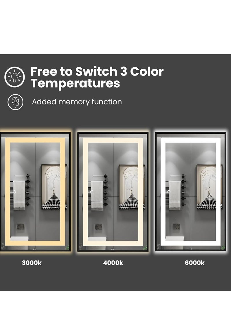 LED Framed Bathroom Mirror, Stylish Dimmable Anti-Fog Lighted Mirror, Large Vertical & Horizontal Wall-Mounted Vanity Mirror, Black Aluminum Frame, 3 Color Temperature Options, Adjustable LED Brightness & Memory, Touch Sensor, Wall Switch, Anti-Fog Technology, 5mm Shatterproof Glass, Front & Back Lighting, Modern Elegant Mirror for Bathroom, Bedroom, Living Room, Home Décor, Contemporary Wall Mirror, 120 x 75 cm