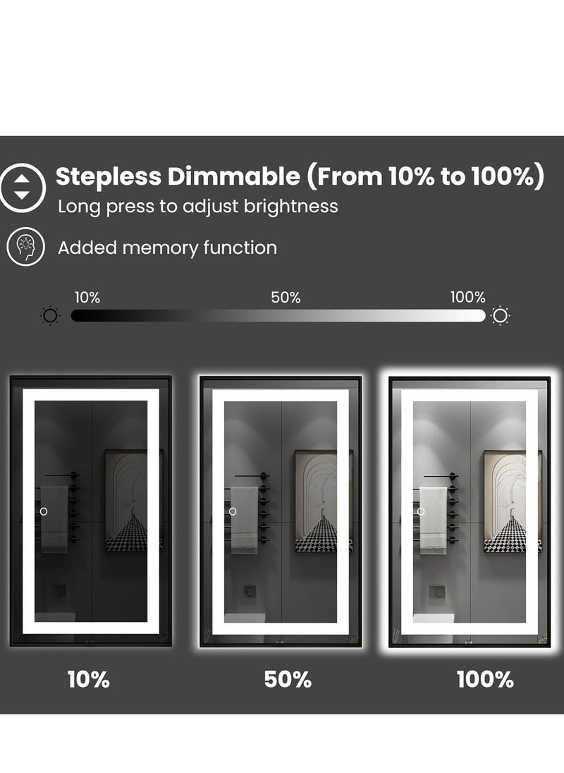 LED Framed Bathroom Mirror, Stylish Dimmable Anti-Fog Lighted Mirror, Large Vertical & Horizontal Wall-Mounted Vanity Mirror, Black Aluminum Frame, 3 Color Temperature Options, Adjustable LED Brightness & Memory, Touch Sensor, Wall Switch, Anti-Fog Technology, 5mm Shatterproof Glass, Front & Back Lighting, Modern Elegant Mirror for Bathroom, Bedroom, Living Room, Home Décor, Contemporary Wall Mirror, 120 x 75 cm