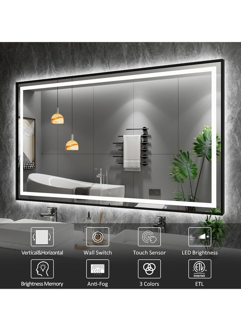LED Framed Bathroom Mirror, Stylish Dimmable Anti-Fog Lighted Mirror, Large Vertical & Horizontal Wall-Mounted Vanity Mirror, Black Aluminum Frame, 3 Color Temperature Options, Adjustable LED Brightness & Memory, Touch Sensor, Wall Switch, Anti-Fog Technology, 5mm Shatterproof Glass, Front & Back Lighting, Modern Elegant Mirror for Bathroom, Bedroom, Living Room, Home Décor, Contemporary Wall Mirror, 120 x 75 cm