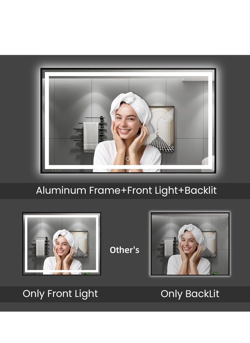 LED Framed Bathroom Mirror, Stylish Dimmable Anti-Fog Lighted Mirror, Large Vertical & Horizontal Wall-Mounted Vanity Mirror, Black Aluminum Frame, 3 Color Temperature Options, Adjustable LED Brightness & Memory, Touch Sensor, Wall Switch, Anti-Fog Technology, 5mm Shatterproof Glass, Front & Back Lighting, Modern Elegant Mirror for Bathroom, Bedroom, Living Room, Home Décor, Contemporary Wall Mirror, 120 x 75 cm
