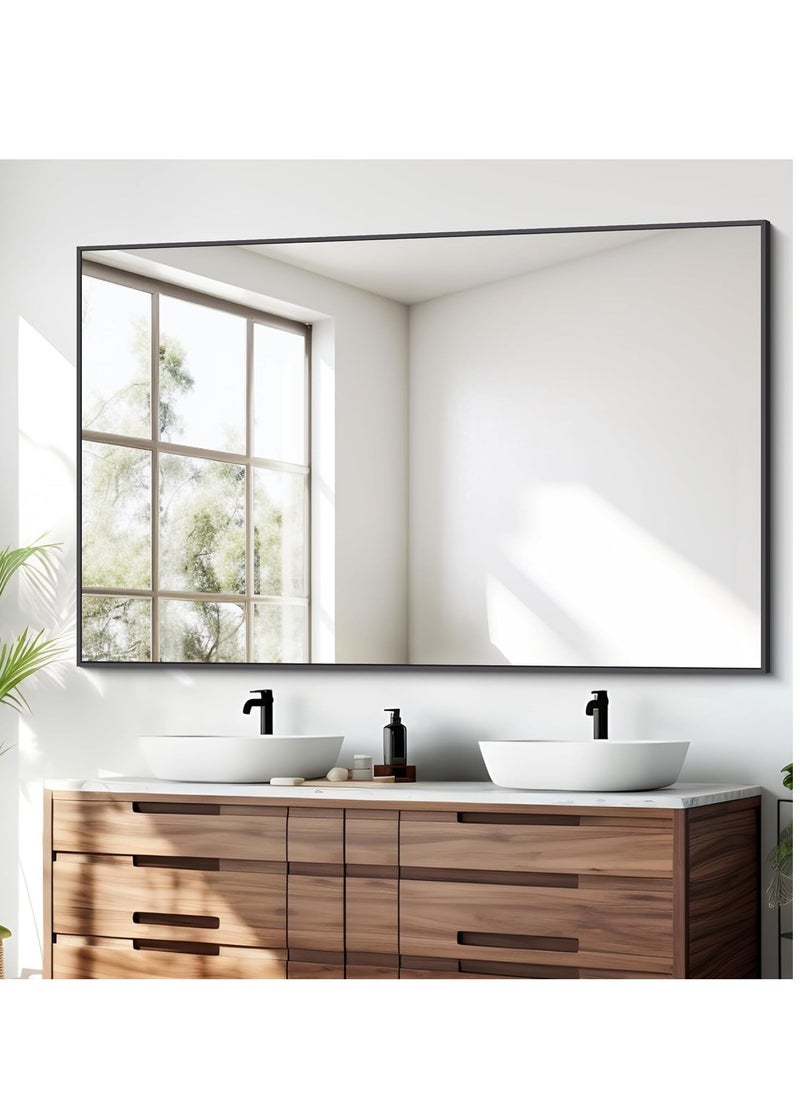 Large Black Rectangle Bathroom Mirror – Horizontal Wall-Mounted Vanity Mirror with Square Corners (75x120 cm) for Bedroom, Entryway, and Living Room