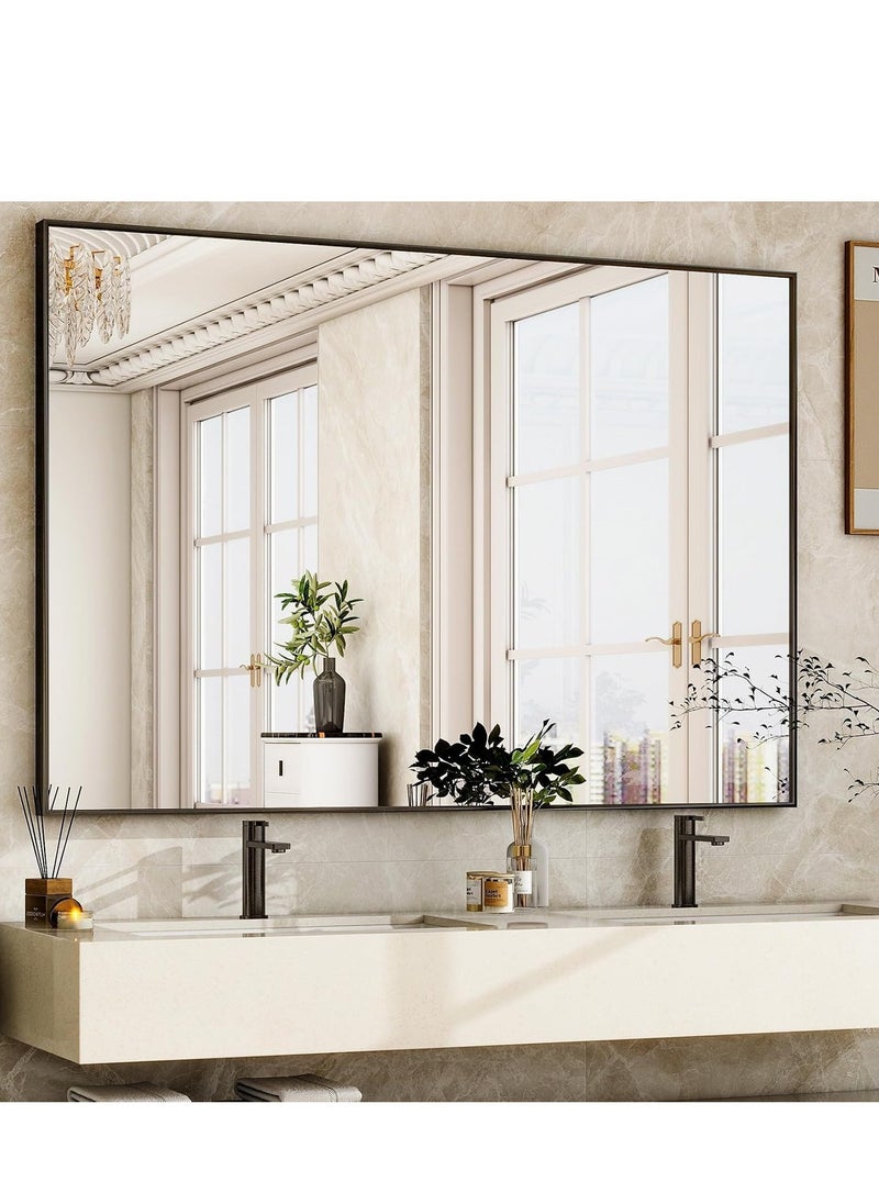 Large Black Rectangle Bathroom Mirror – Horizontal Wall-Mounted Vanity Mirror with Square Corners (75x120 cm) for Bedroom, Entryway, and Living Room