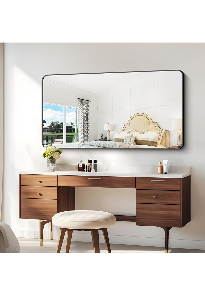 Sleek Black Framed 90x180 cm Rectangle Mirror – Horizontal Wall-Mounted Mirror for Bathroom, Living Room, and Bedroom