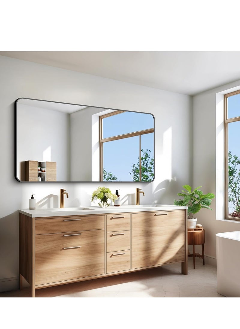 Sleek Black Framed 90x180 cm Rectangle Mirror – Horizontal Wall-Mounted Mirror for Bathroom, Living Room, and Bedroom