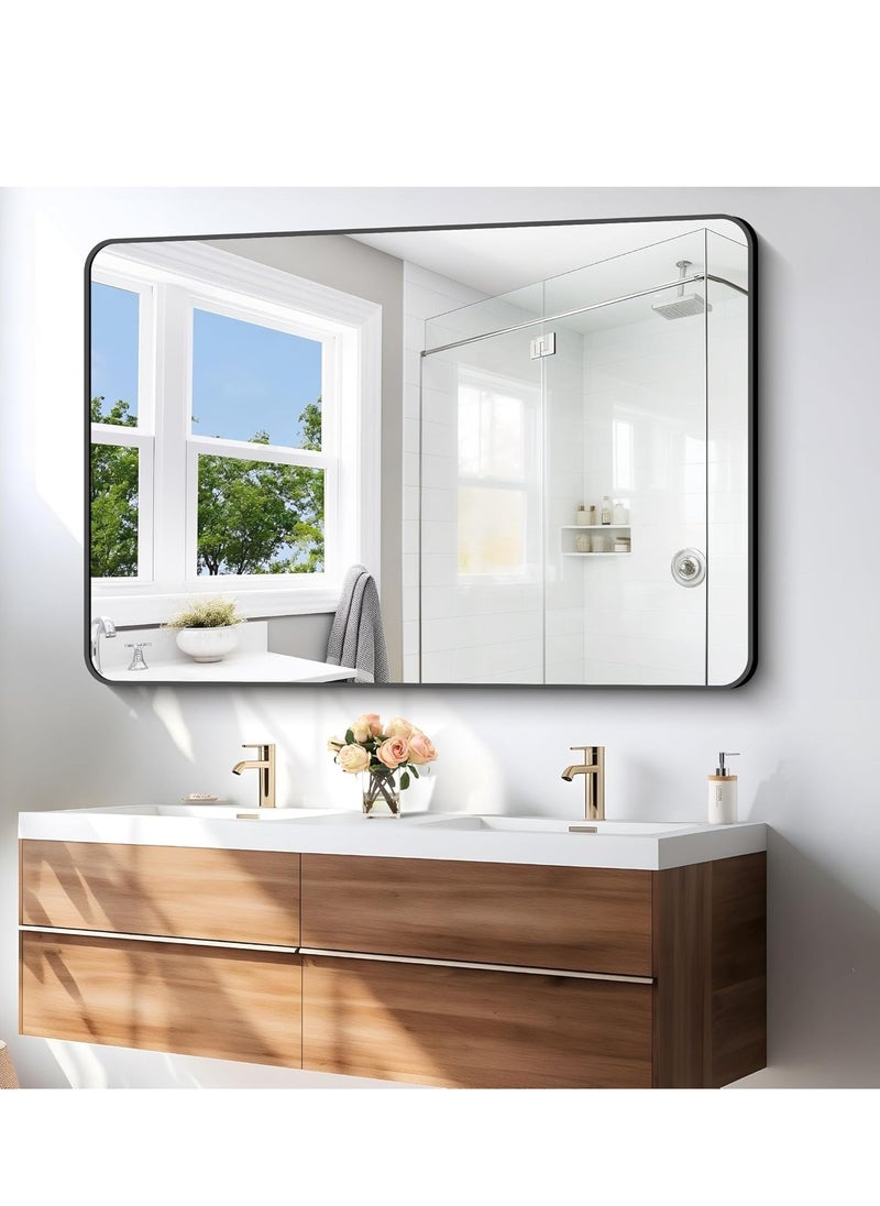 Modern Black 75x120 cm Black Rectangle Wall-Mounted Mirror – Horizontal Vanity Mirror with Square Corners for Bathroom, Bedroom, and Entryway