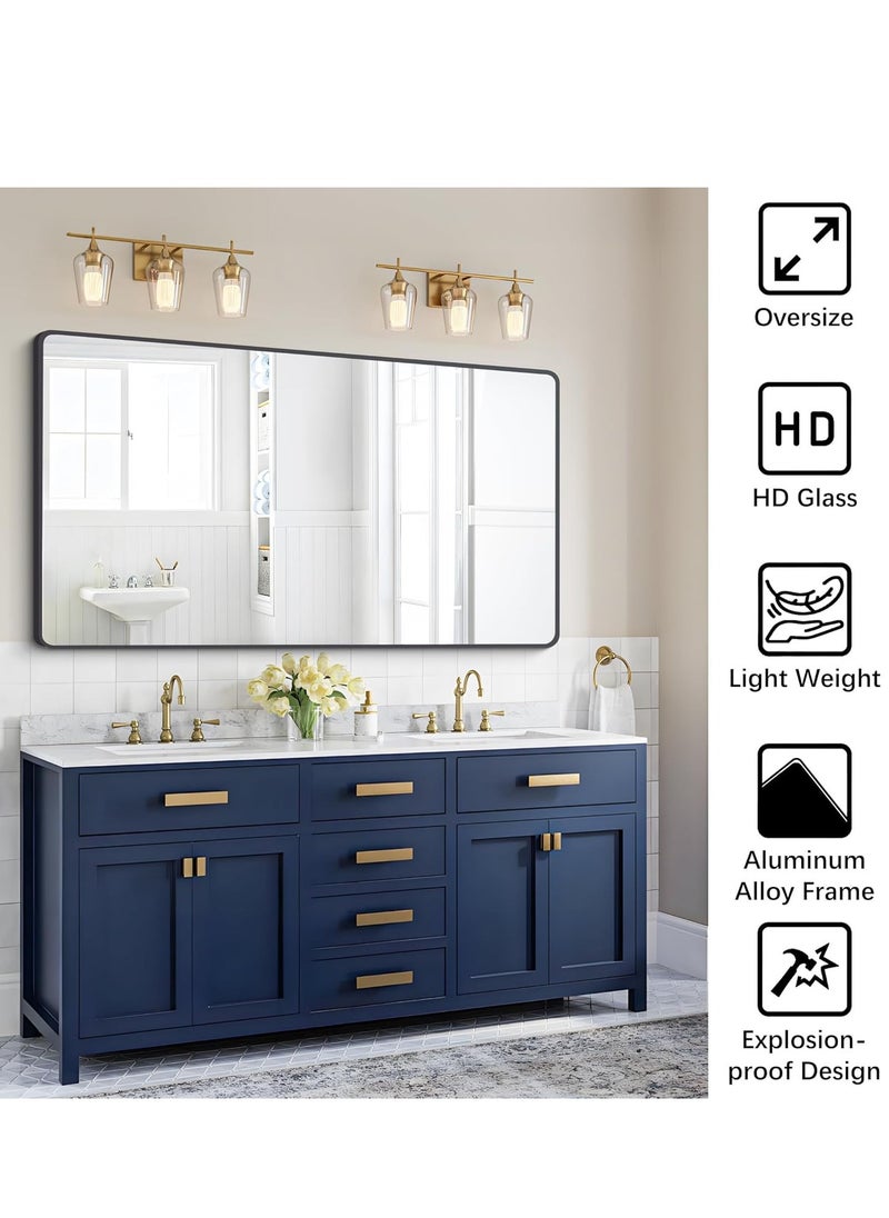 Modern Black 75x120 cm Black Rectangle Wall-Mounted Mirror – Horizontal Vanity Mirror with Square Corners for Bathroom, Bedroom, and Entryway