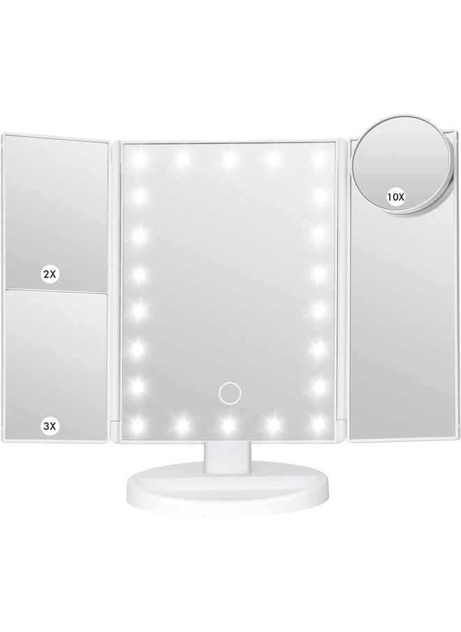 Makeup Mirror Vanity Mirror with Lights, Bathroom Adjustable Brightness Mirrors 1X/2X/3X/10X Magnification and Touch Screen Trifold Makeup Mirror Two Power Supply Modes Women Gift White