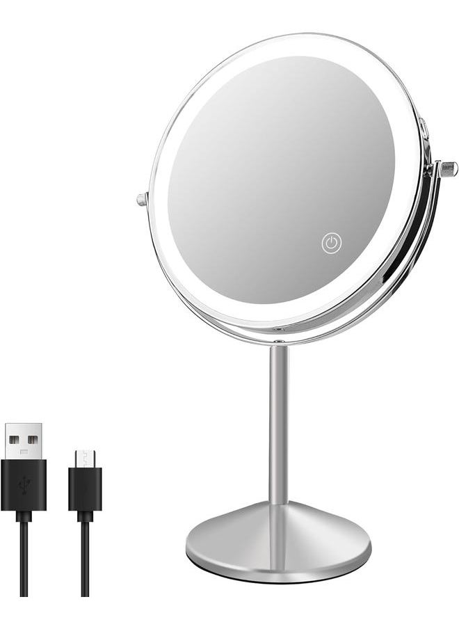 bluejw Lighted Makeup Mirror, 8'' Rechargable LED Vanity Magnifying Mirror, Double Sided 5X Manification Mirror with Stand, Cosmetic Standing Desk Mirror