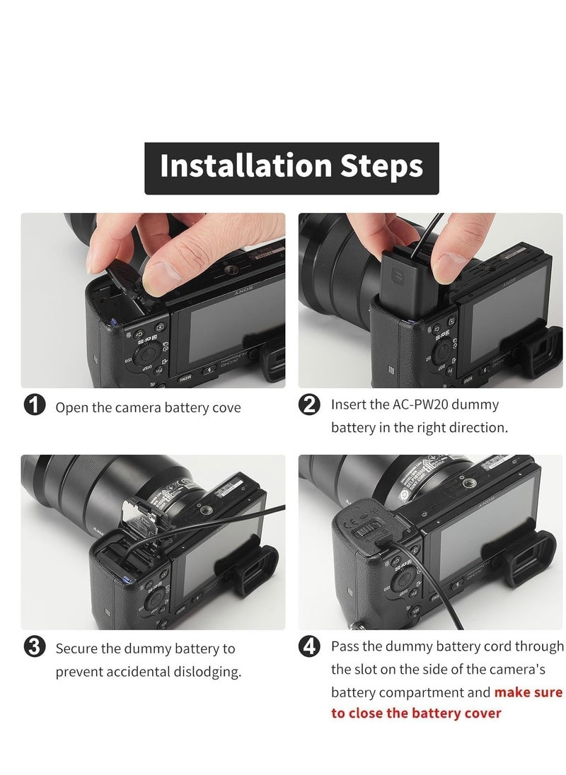AC PW20 Power Supply Adapter & NP-FW50 Dummy Battery Kit for Sony Alpha Cameras – Continuous Power for A6500, A6400, A6300, A6100, A6000, A5100, A7 Series, RX10, ZV-E10