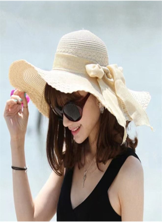 Women Big Bowknot Straw Hat Beach Cap Beachwear Wide Floppy Foldable Roll up Brim Hats Sun UPF 50+ Party Garden Travel
