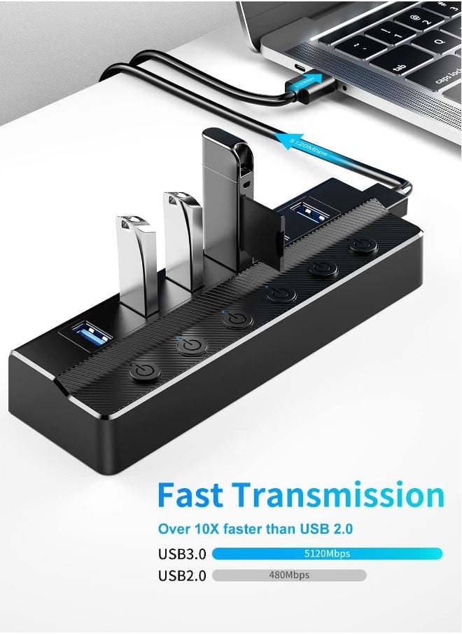 6-Port USB 3.0 Hub, USB Splitter for Laptop with Individual On/Off Switches and Light, 3ft Long Cord, USB Port Hub Extension for PC and Computer[Multiple USB Port] 6 USB data transfer ports make it ve