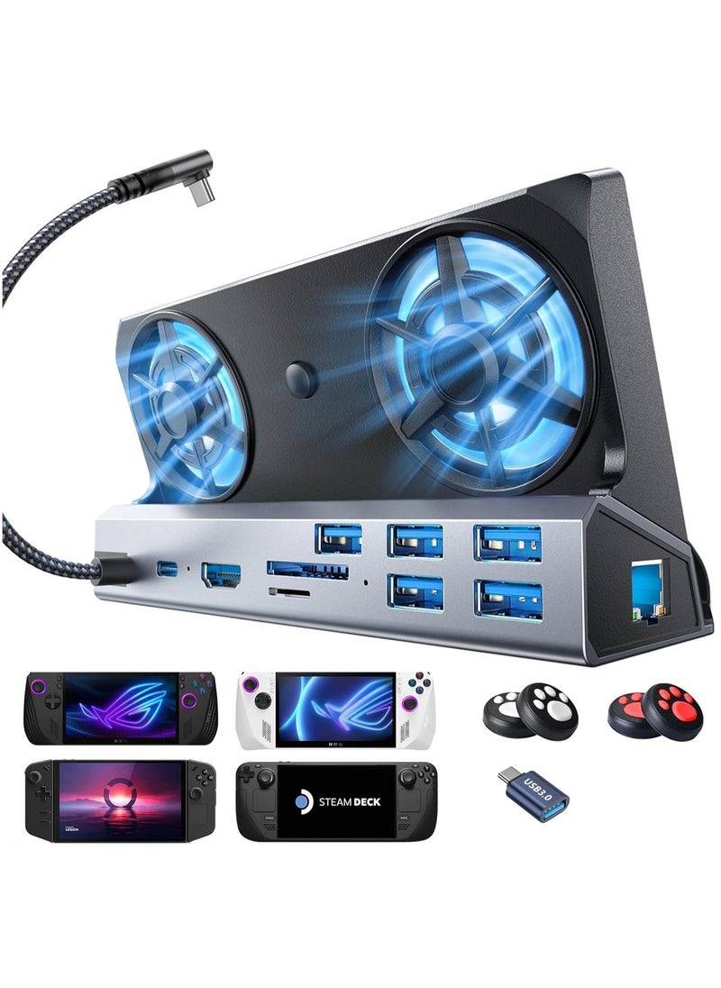 10-IN-1 Docking Station for Steam Deck OLED&ROG Ally X&Legion Go, Dual Cooling Fan 5 USB Ports and 4K@60Hz, 100W Charging Port Support ROG Ally 30W Mode, Gigabit Ethernet Fit for Steam Deck OLED