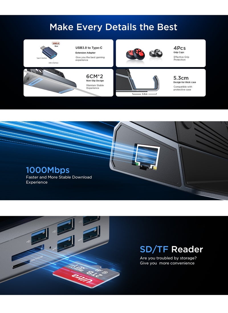 10-IN-1 Docking Station for Steam Deck OLED&ROG Ally X&Legion Go, Dual Cooling Fan 5 USB Ports and 4K@60Hz, 100W Charging Port Support ROG Ally 30W Mode, Gigabit Ethernet Fit for Steam Deck OLED