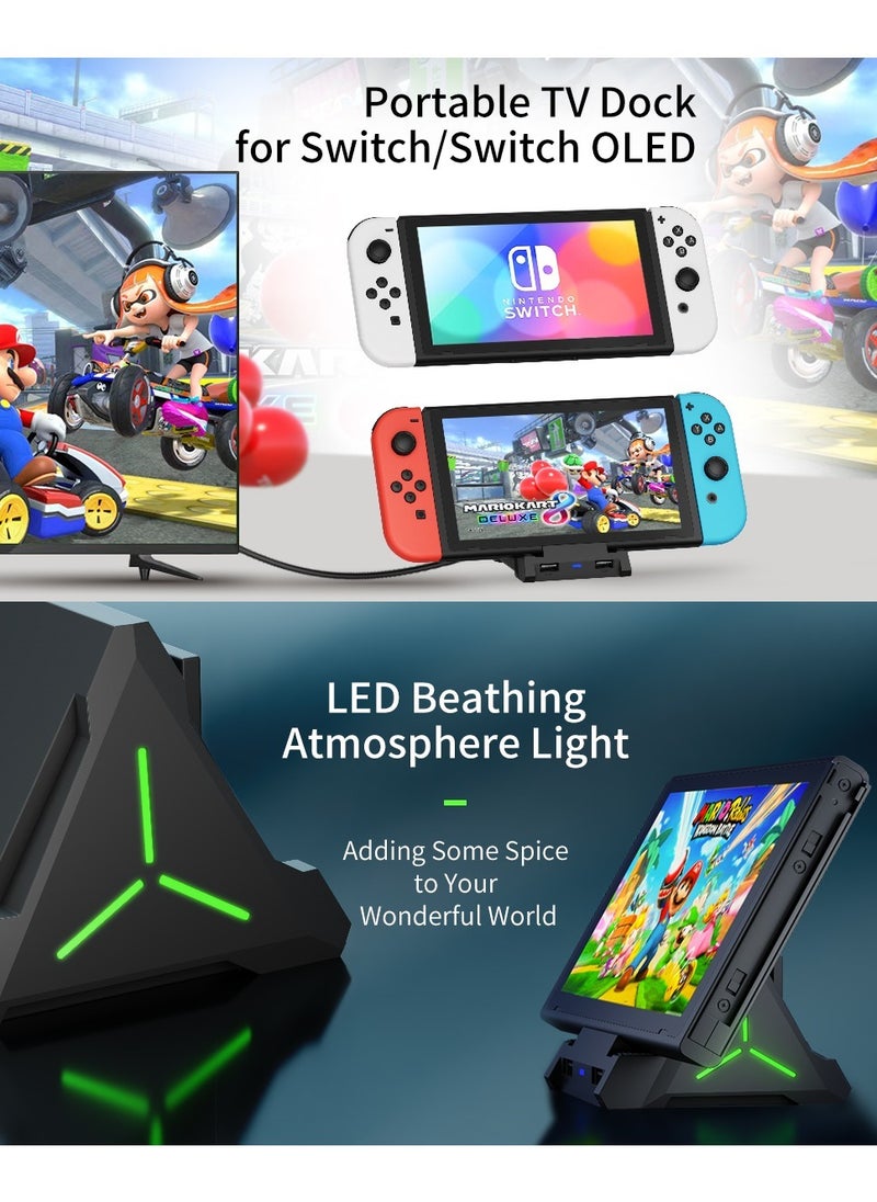 TV Dock Station for Switch/Switch OLED, Switch TV Dock with 4K HDMI/USB C/USB 3.0 Port, LED Beathing Atmosphere Light and can Hold 4 Game Slots, Replacement Charging Dock for Nintendo Switch