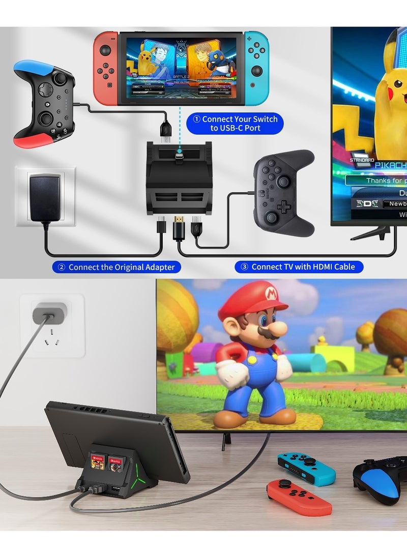 TV Dock Station for Switch/Switch OLED, Switch TV Dock with 4K HDMI/USB C/USB 3.0 Port, LED Beathing Atmosphere Light and can Hold 4 Game Slots, Replacement Charging Dock for Nintendo Switch