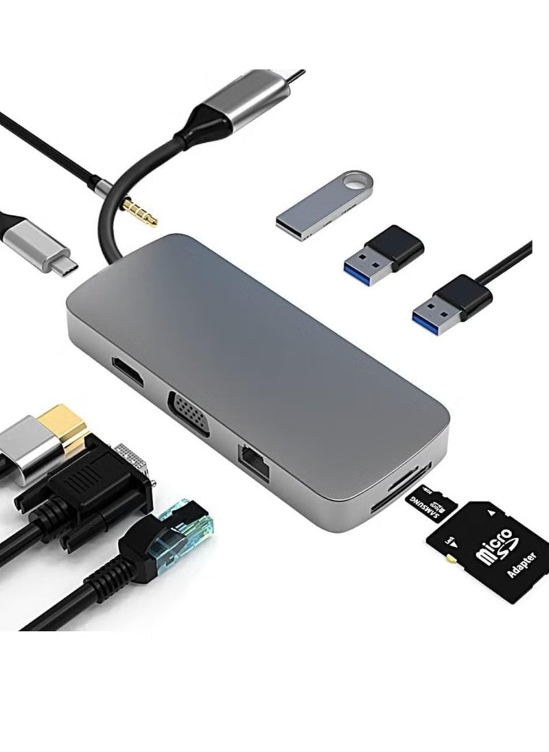 10-in-1 USB C Hub to HDMI 4K Adapter with VGA, 100W PD Charging, USB 3.0/2.0, Gigabit Ethernet, SD/TF Card Reader, 3.5mm Audio Jack, Type-C Docking Station for MacBook Pro/Air, XPS, Laptops & More