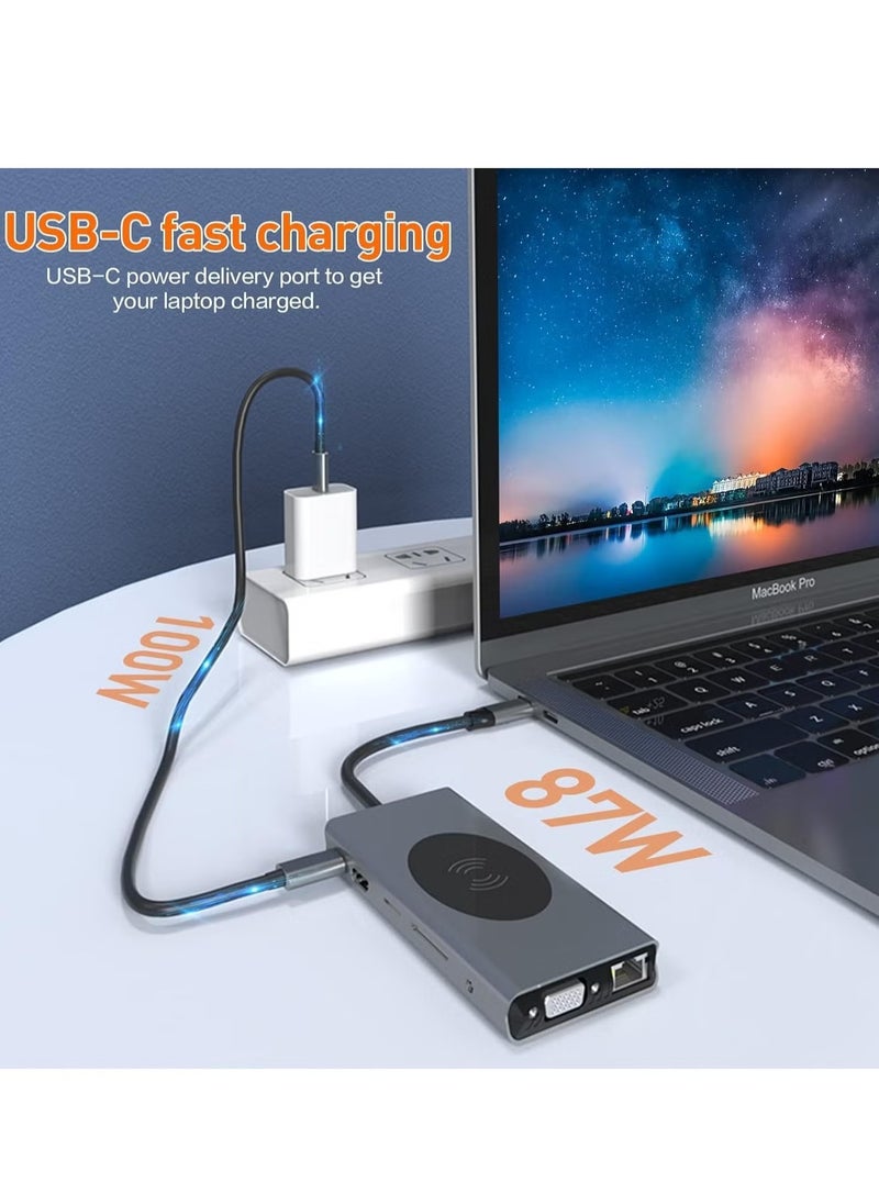 13-in-1 USB C Docking Station with Wireless Charging, 4K HDMI, VGA, USB 3.0, USB C, Ethernet, and More – Ultimate Connectivity Hub for MacBook Pro & Type-C Devices – Expand Your Workspace