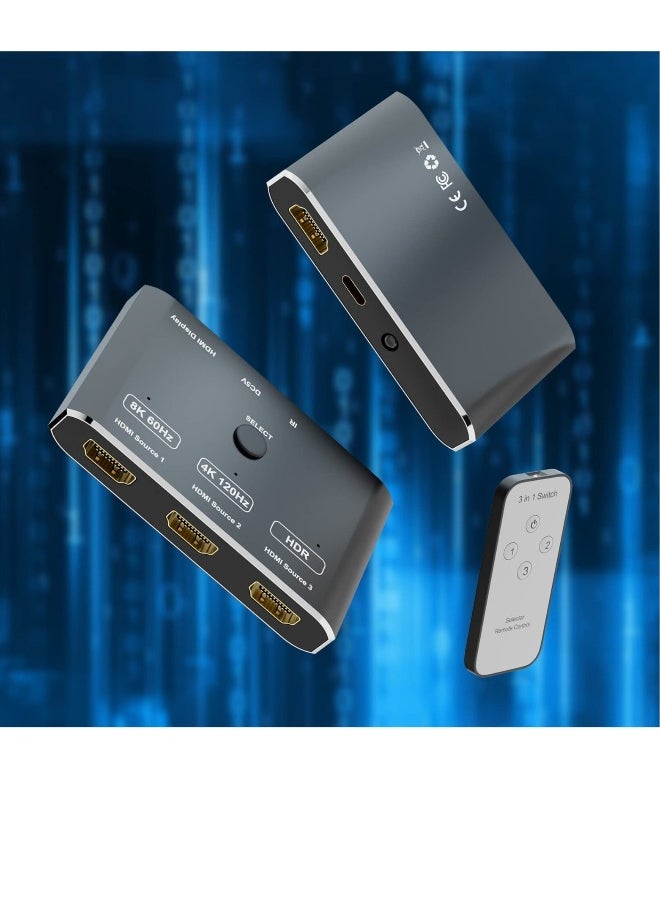 3 Port HDMI 2.1 HDR 3In 1Out, 8K Switcher with Remote Control Directional, 8K@60Hz 4K@120Hz HDR 48Gbps 3D HDMI Video Converter, Compatible with XBOX PS5 Projectors Monitors