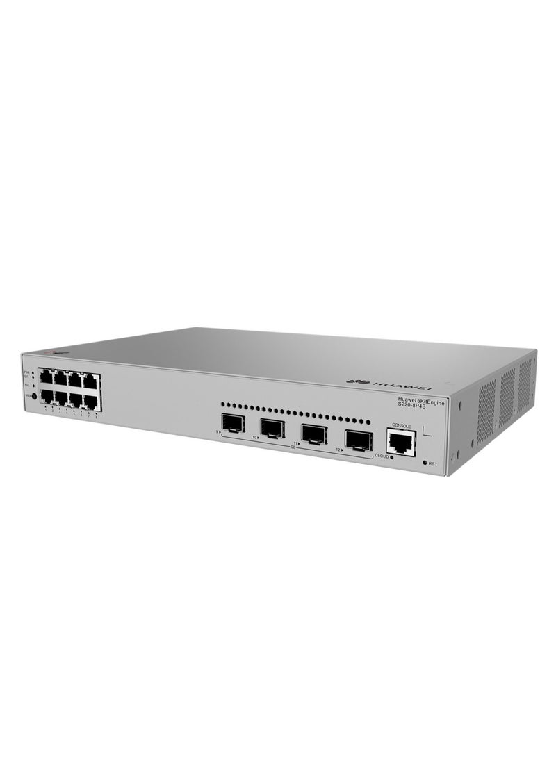 eKit S220-8P4S 1U Rackmount Switch - 8 x 10/100/1000BASE-T Ports, 4 x GE SFP Ports, 125W PoE+ (Full PoE Load: 166.65W), 19.99W Typical Power Consumption, 24 Gbps Switching Capacity, 18 Mpps Forwarding Rate, Built-in AC Power Supply, RJ45 Console Port, Air Cooling, Metal Chassis, 0-50°C Operating Temp, 90-290V AC Input, 1 Fan, EMC & Safety Certified, Wall/Rack/Desk Mounting Silver