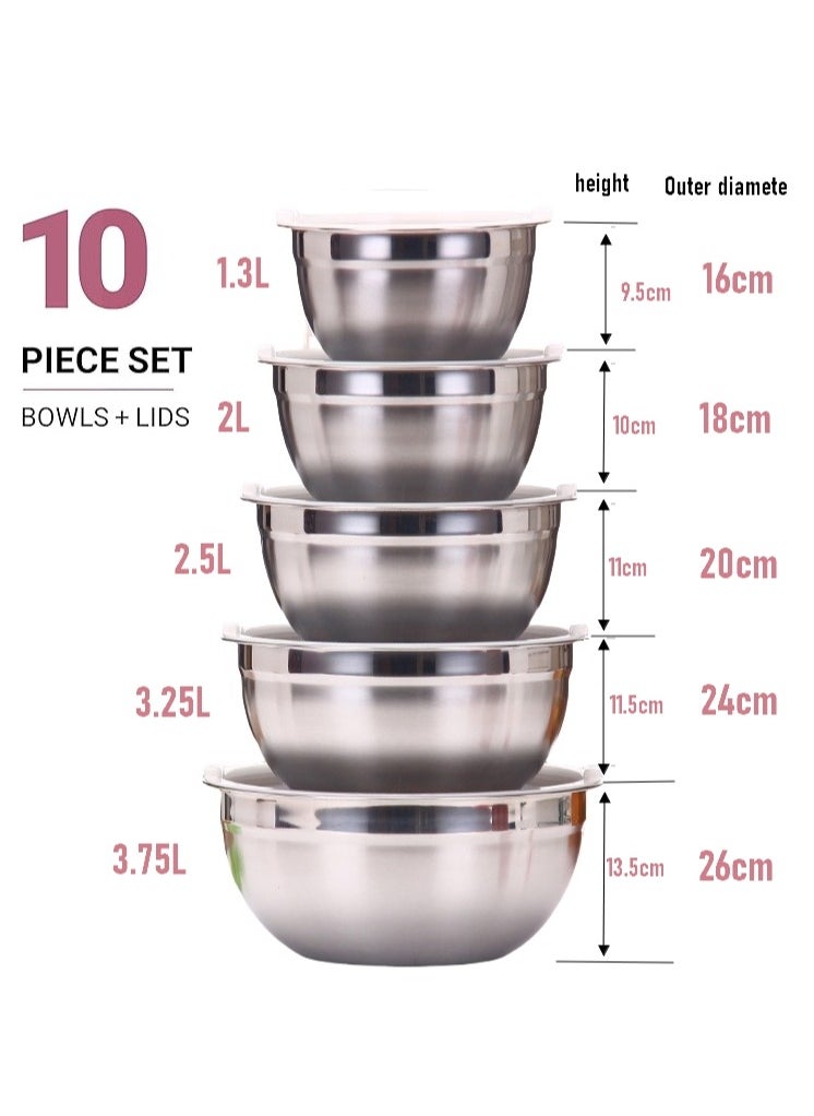 5 Pieces Mixing Round Bowl Stainless Steel Mixing Bowl Set  With Airtight Lids, Flat Base For Stability , Easy Grip Whisking, Mixing, Beating Bowls 18 20 22 24 26cm Set Bowl