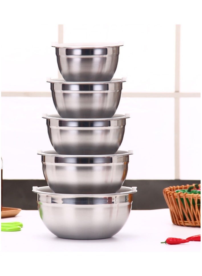 5 Pieces Mixing Round Bowl Stainless Steel Mixing Bowl Set  With Airtight Lids, Flat Base For Stability , Easy Grip Whisking, Mixing, Beating Bowls 18 20 22 24 26cm Set Bowl