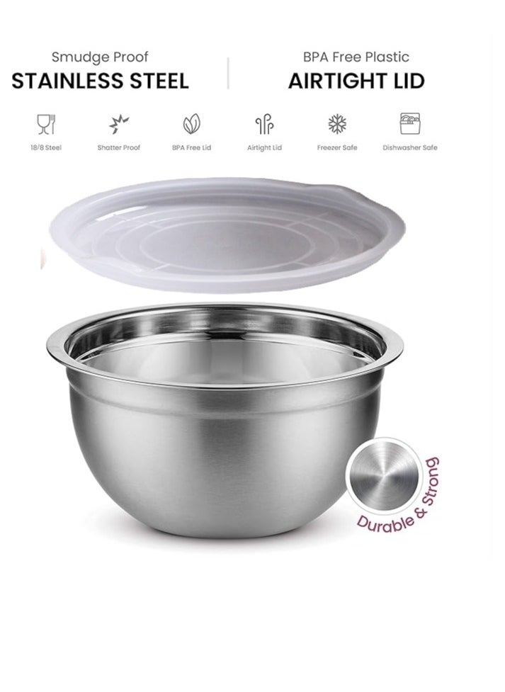 5 Pieces Mixing Round Bowl Stainless Steel Mixing Bowl Set  With Airtight Lids, Flat Base For Stability , Easy Grip Whisking, Mixing, Beating Bowls 18 20 22 24 26cm Set Bowl