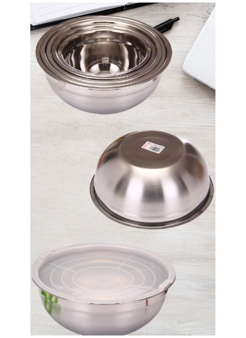 5 Pieces Mixing Round Bowl Stainless Steel Mixing Bowl Set  With Airtight Lids, Flat Base For Stability , Easy Grip Whisking, Mixing, Beating Bowls 18 20 22 24 26cm Set Bowl