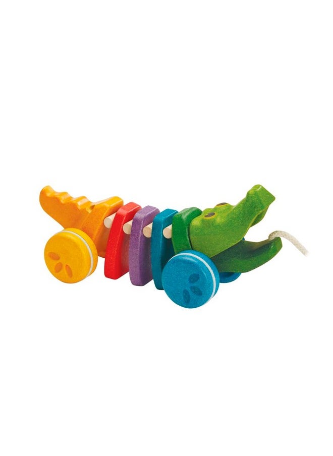 Dancing Alligator Push & Pull Toy - Sustainably Made From Rubberwood, Makes Click-Clack Sounds And Dancing Movements When Pulled (Rainbow)