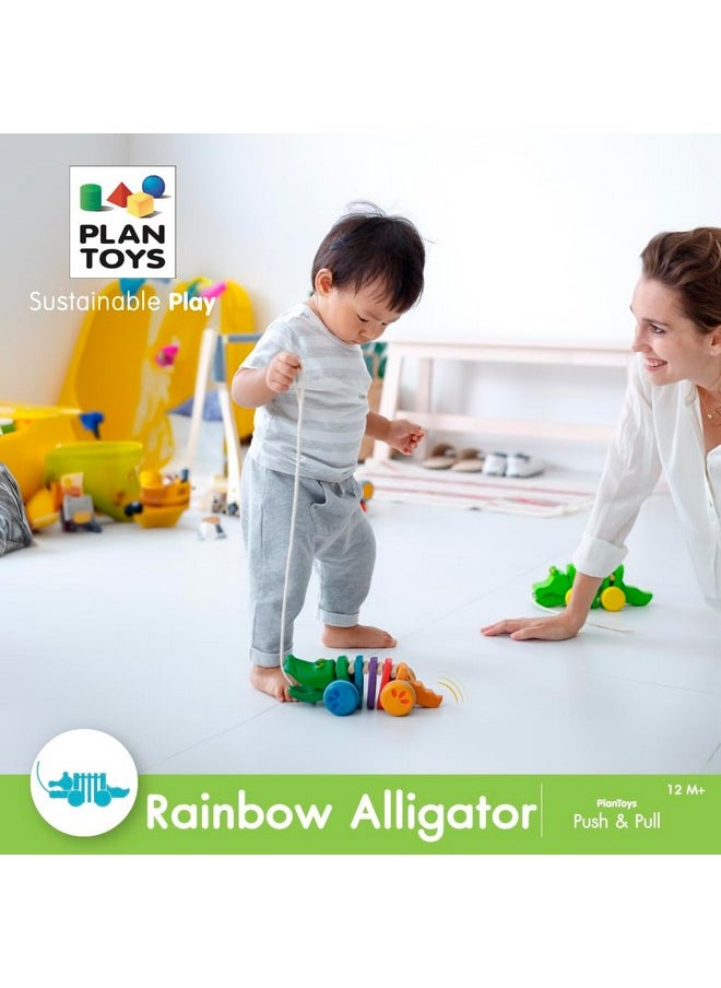 Dancing Alligator Push & Pull Toy - Sustainably Made From Rubberwood, Makes Click-Clack Sounds And Dancing Movements When Pulled (Rainbow)