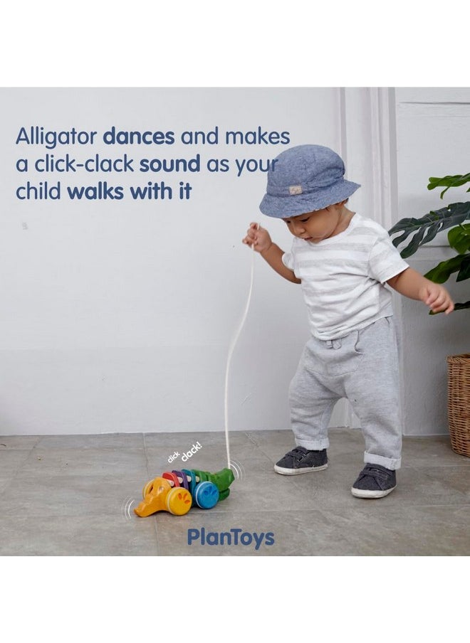 Dancing Alligator Push & Pull Toy - Sustainably Made From Rubberwood, Makes Click-Clack Sounds And Dancing Movements When Pulled (Rainbow)