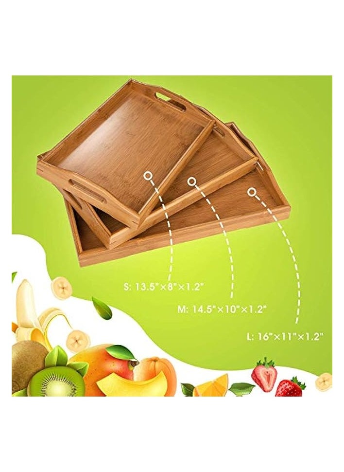 3 Pack Serving Tray,Large Bamboo Serving Tray With Handles Wood Serving Tray Set For Coffee,Food,Breakfast,Dinner